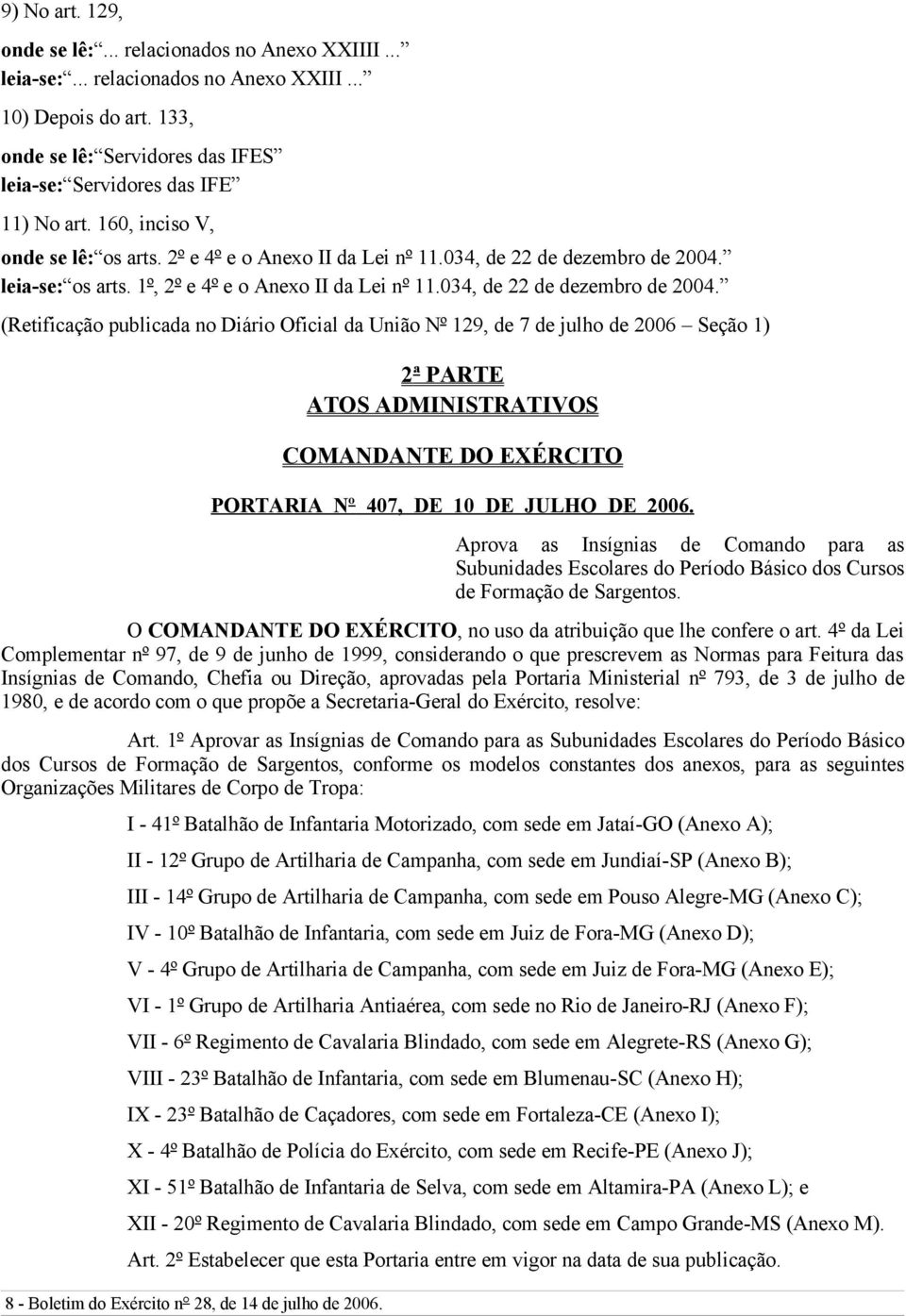 1º, 2º e 4º e o Anexo II da Lei nº 11.034, de 22 de dezembro de 2004.