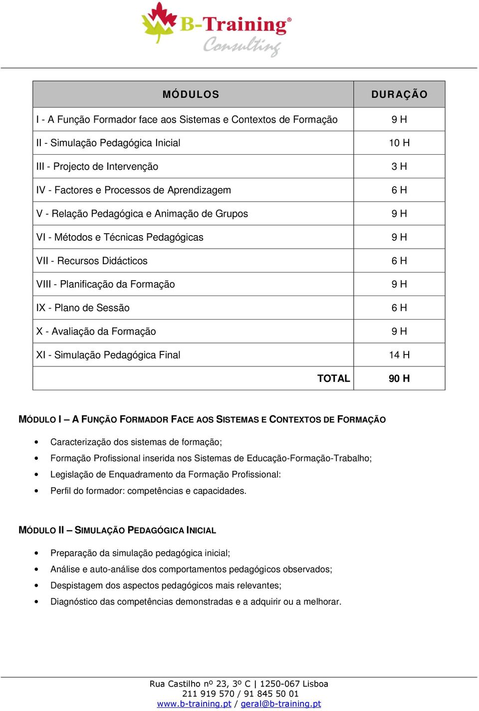 Final TOTAL DURAÇÃO 10 H 3 H 6 H 6 H 6 H 14 H 90 H MÓDULO I A FUNÇÃO FORMADOR FACE AOS SISTEMAS E CONTEXTOS DE FORMAÇÃO Caracterização dos sistemas de formação; Formação Profissional inserida nos