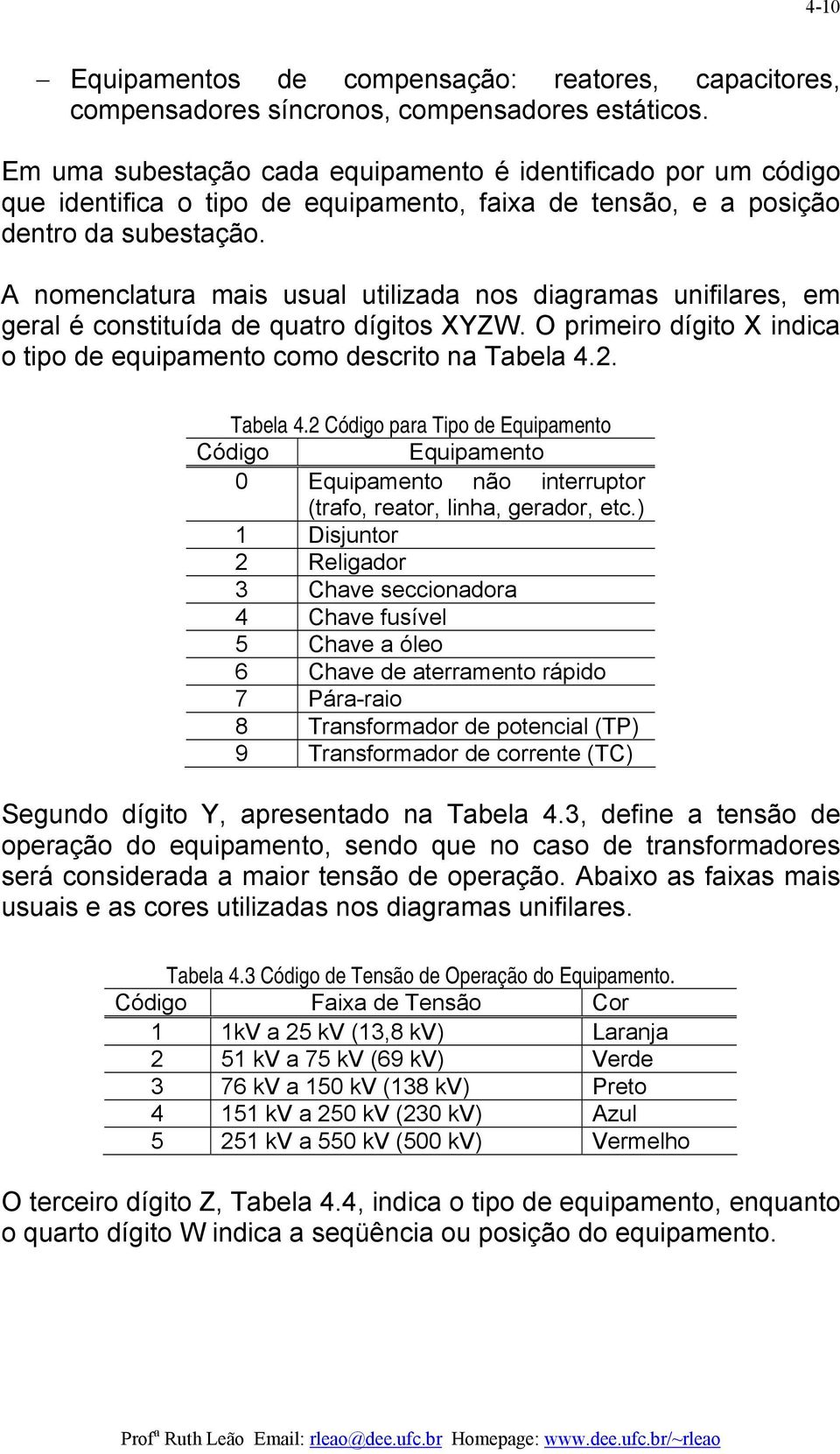 A nomenclatura mais usual utilizada nos diagramas unifilares, em geral é constituída de quatro dígitos XYZW. O primeiro dígito X indica o tipo de equipamento como descrito na Tabela 4.