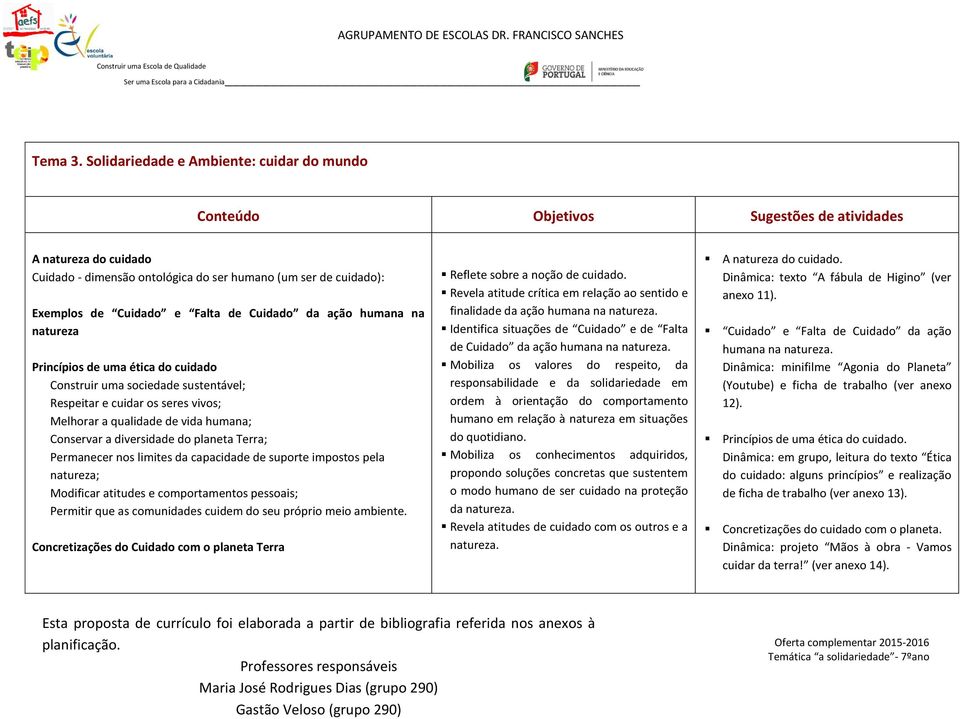 de Cuidado da ação humana na natureza Princípios de uma ética do cuidado Construir uma sociedade sustentável; Respeitar e cuidar os seres vivos; Melhorar a qualidade de vida humana; Conservar a