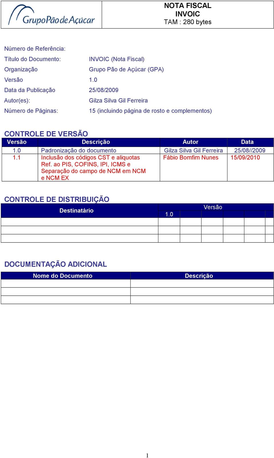 VERSÃO Versão Descrição Autor Data 1.0 Padronização do documento Gilza Silva Gil Ferreira 25/08//2009 1.1 Inclusão dos códigos CST e aliquotas Ref.