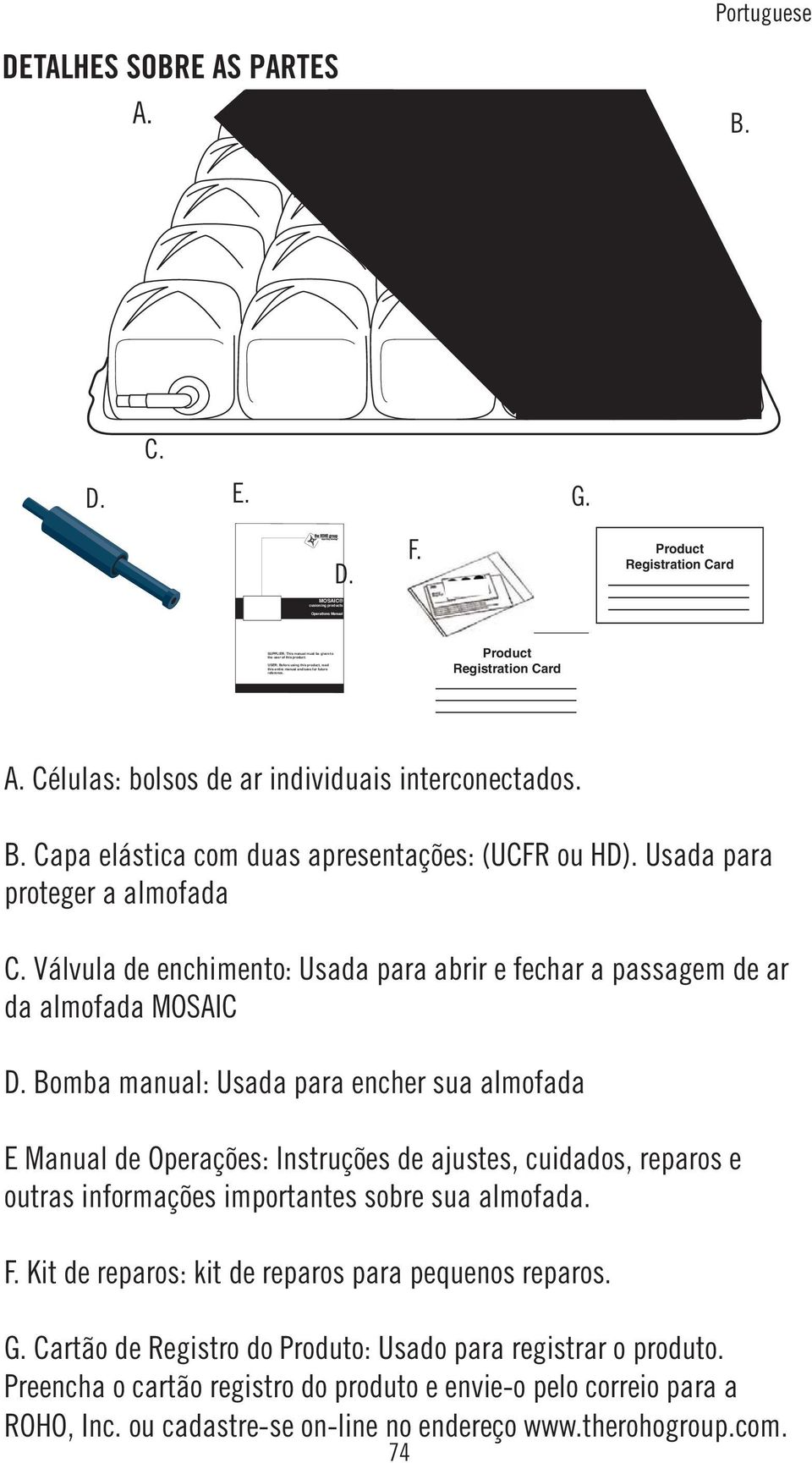 Usada para proteger a almofada C. Válvula de enchimento: Usada para abrir e fechar a passagem de ar da almofada MOSAIC D.