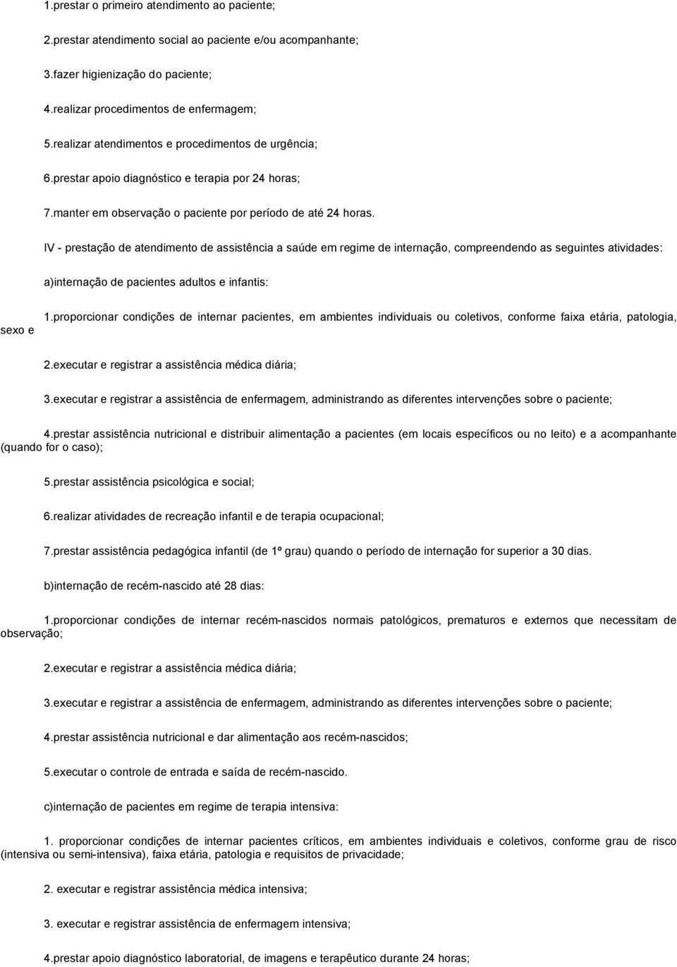 IV - prestação de atendimento de assistência a saúde em regime de internação, compreendendo as seguintes atividades: a)internação de pacientes adultos e infantis: sexo e 1.