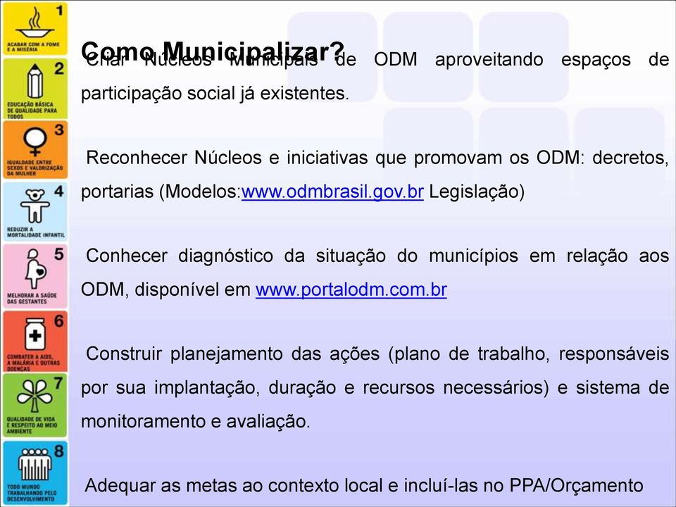 br Legislação) Conhecer diagnóstico da situação do municípios em relação aos ODM, disponível em www.portalodm.com.