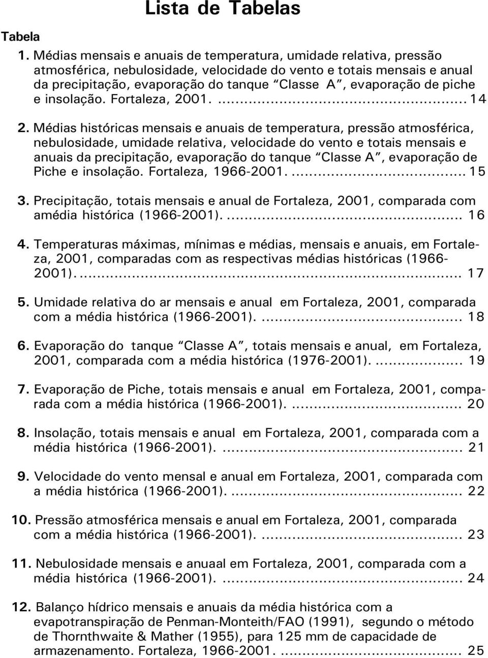 piche e insolação. Fortaleza, 2001.... 14 2.