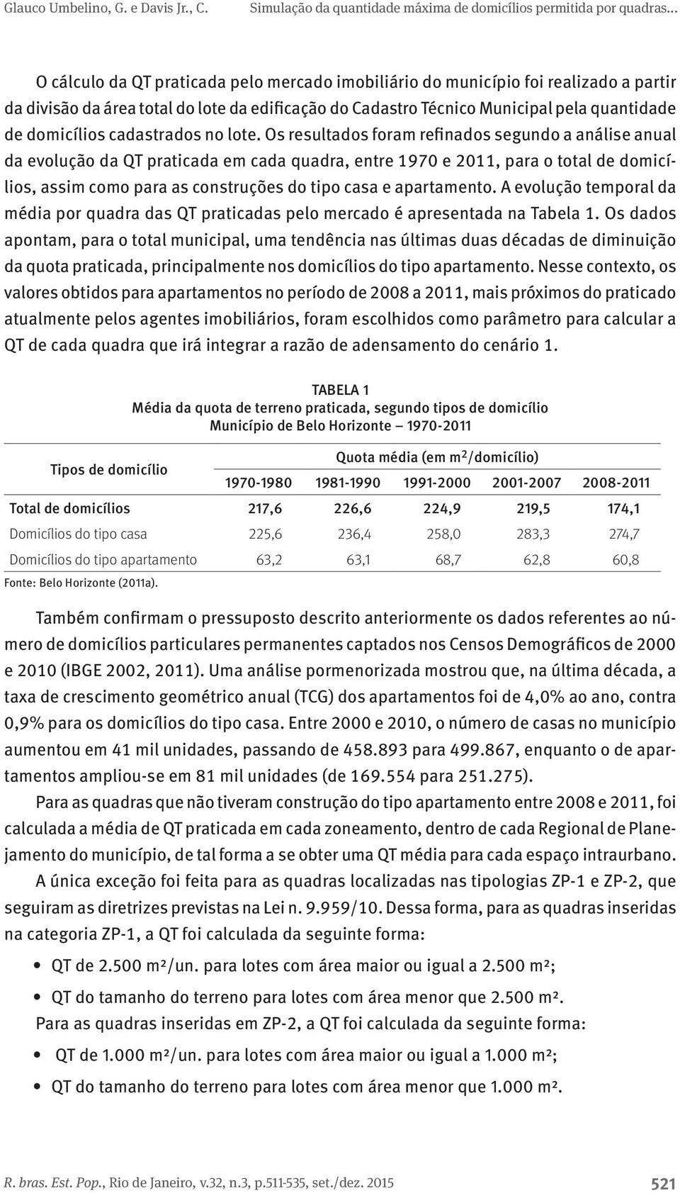 Os resultados foram refinados segundo a análise anual da evolução da QT praticada em cada quadra, entre 1970 e 2011, para o total de domicílios, assim como para as construções do tipo casa e