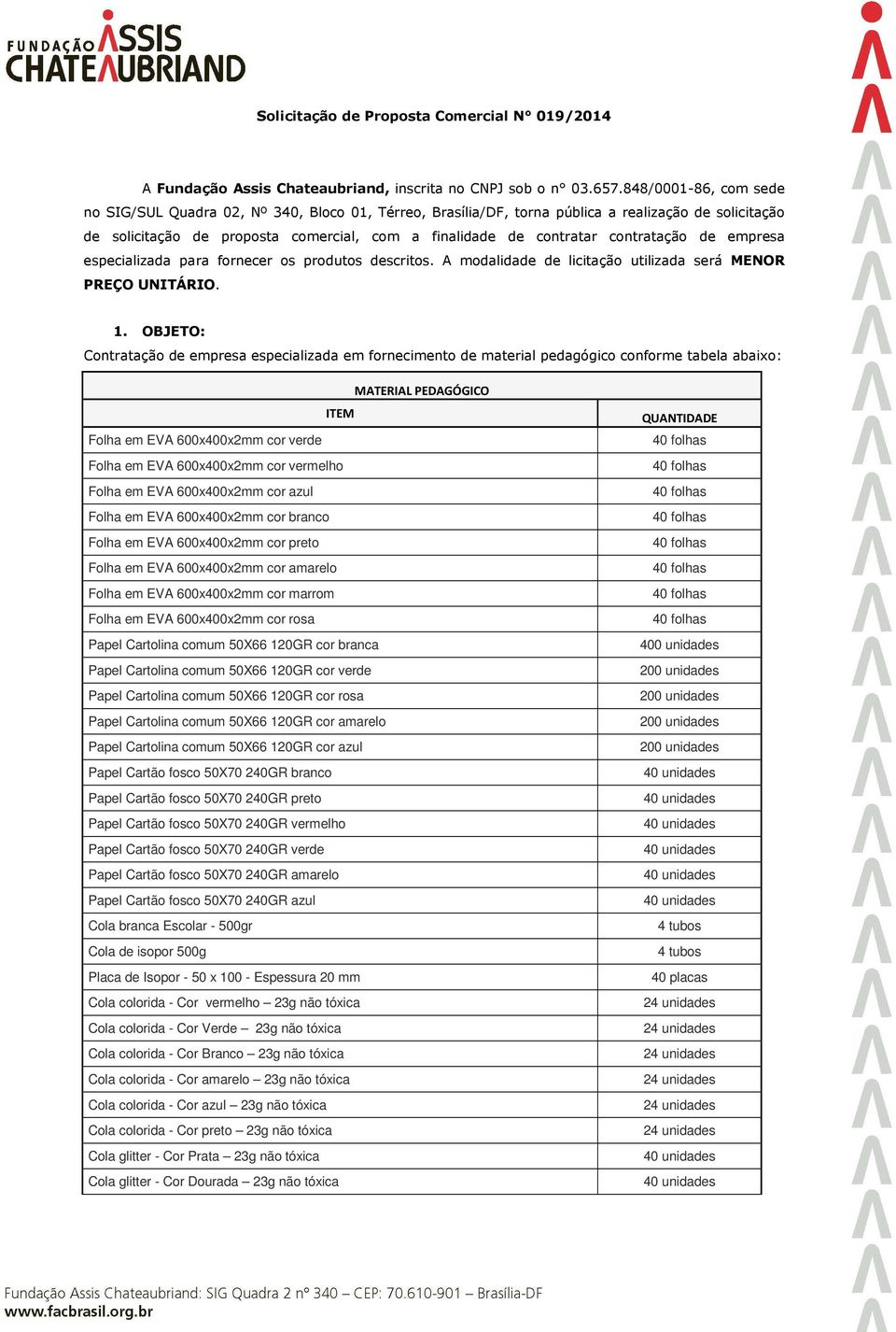 contratação de empresa especializada para fornecer os produtos descritos. A modalidade de licitação utilizada será MENOR PREÇO UNITÁRIO. 1.