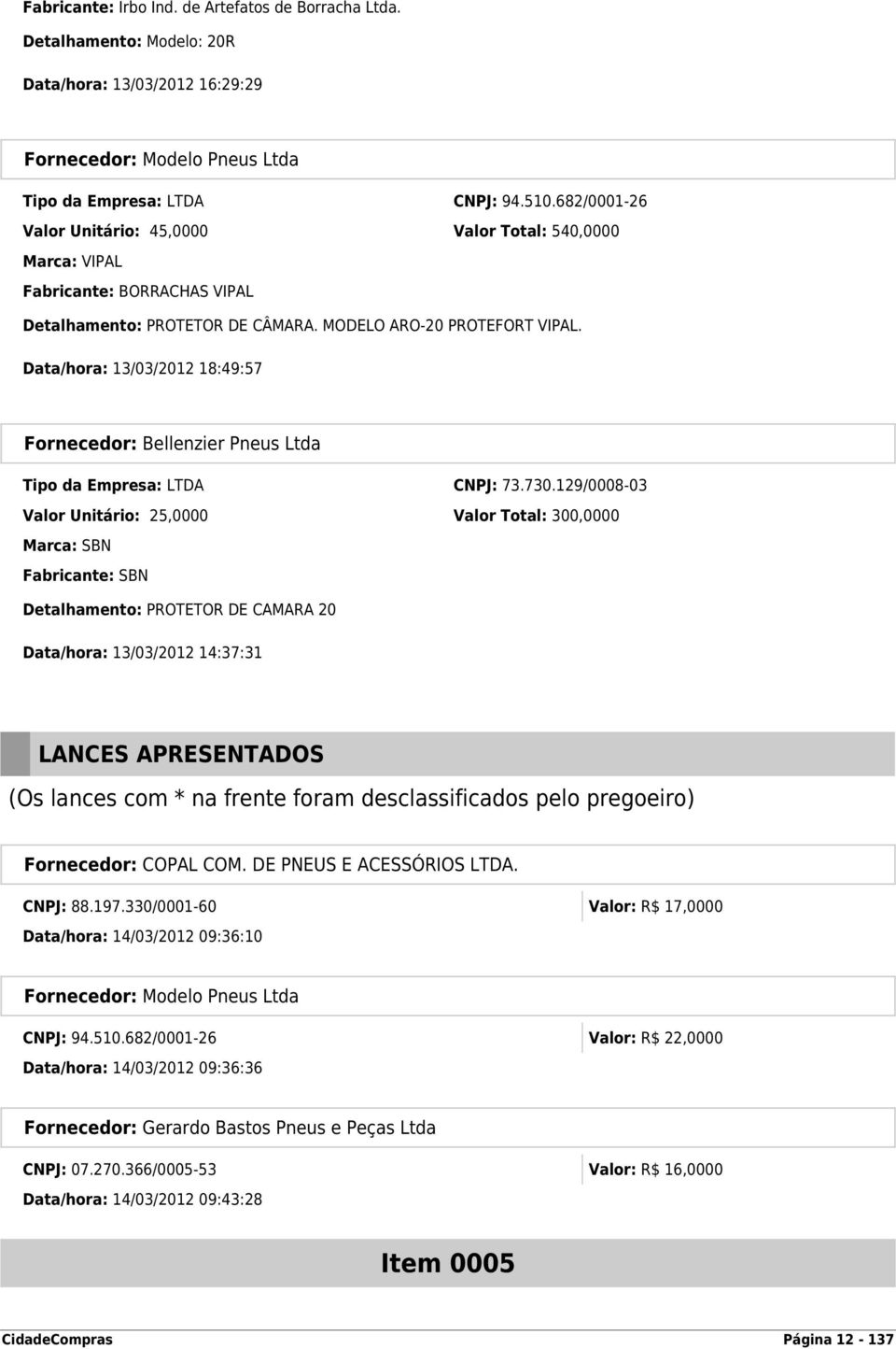 Data/hora: 13/03/2012 18:49:57 Fornecedor: Bellenzier Pneus Ltda Tipo da Empresa: LTDA CNPJ: 73.730.