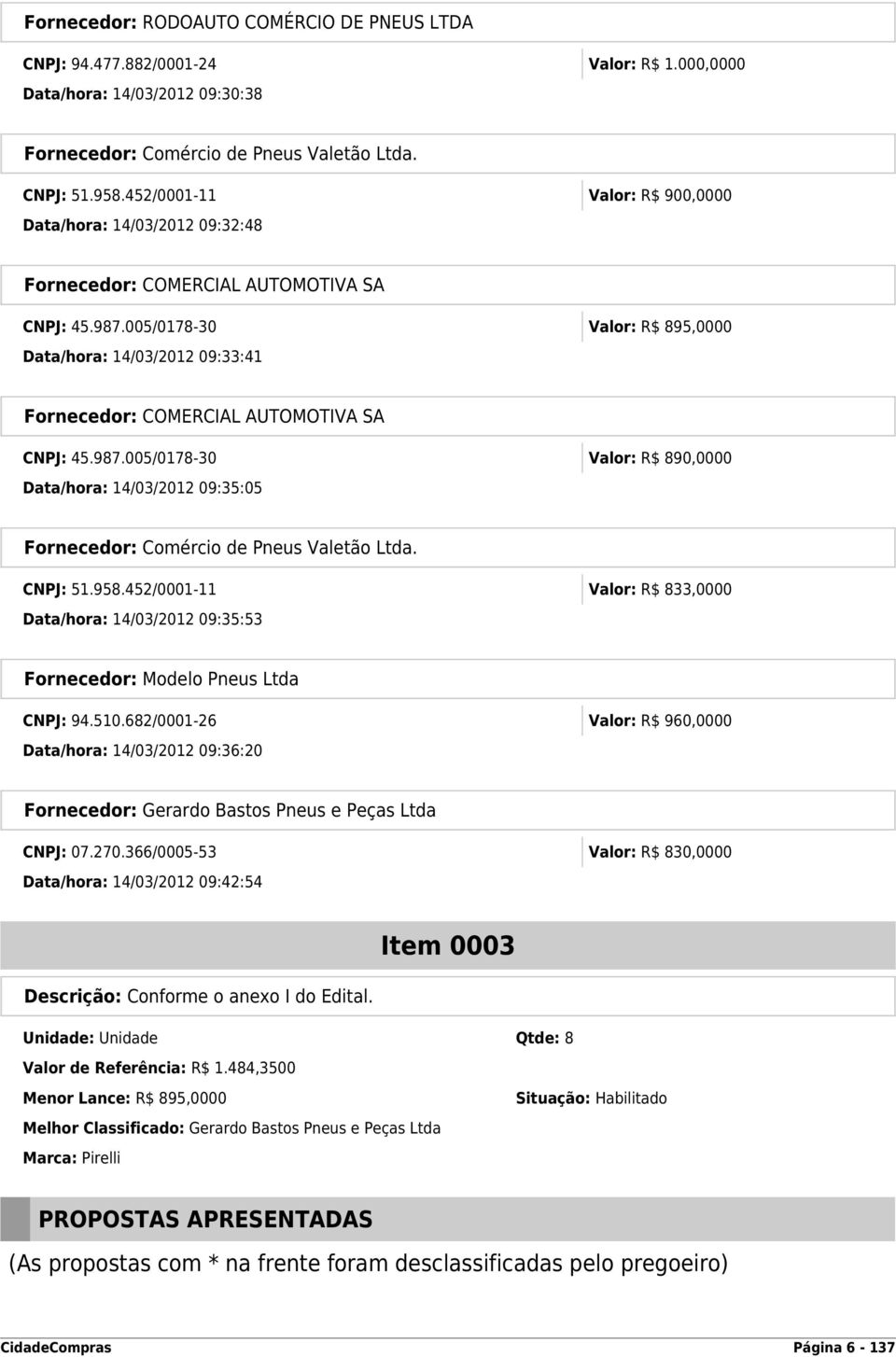 005/0178-30 Valor: R$ 895,0000 Data/hora: 14/03/2012 09:33:41 Fornecedor: COMERCIAL AUTOMOTIVA SA CNPJ: 45.987.
