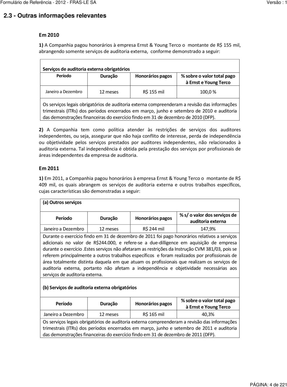 serviços legais obrigatórios de auditoria externa compreenderam a revisão das informações trimestrais (ITRs) dos períodos encerrados em março, junho e setembro de 2010 e auditoria das demonstrações