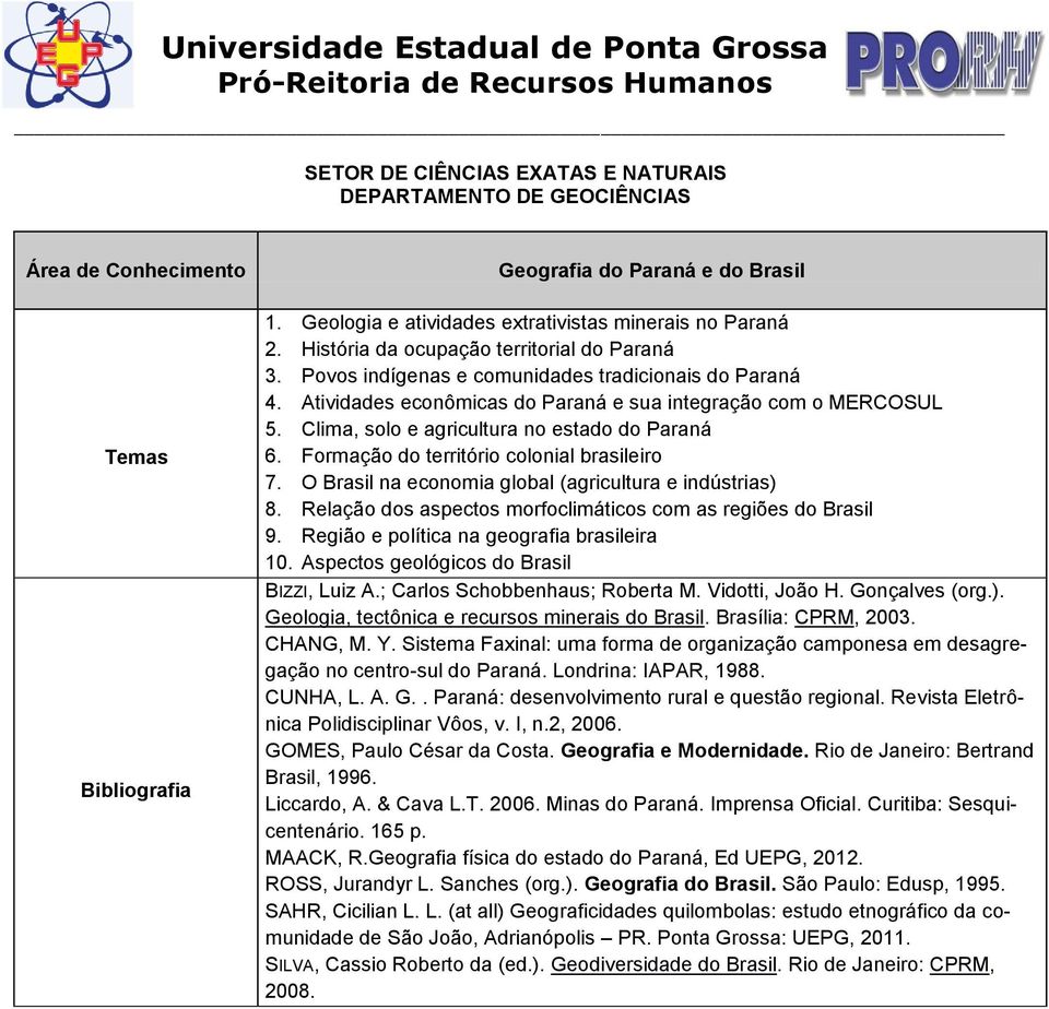 Formação do território colonial brasileiro 7. O Brasil na economia global (agricultura e indústrias) 8. Relação dos aspectos morfoclimáticos com as regiões do Brasil 9.