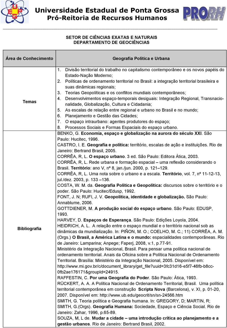 Desenvolvimentos espaço-temporais desiguais: Integração Regional, Transnacionalidade, Globalização, Cultura e Cidadania; 5. As escalas de relação entre regional e urbano no Brasil e no mundo; 6.