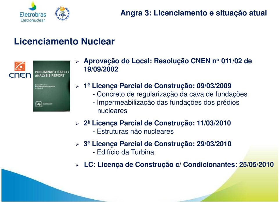 dos prédios nucleares 2ª Licença Parcial de Construção: 11/03/2010 - Estruturas não nucleares 3ª Licença