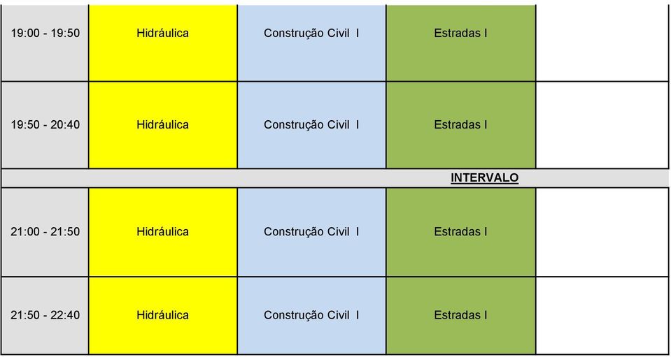 21:00-21:50 Hidráulica Construção Civil I Estradas I