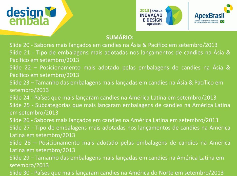 24 - Países que mais lançaram candies na América Latina em setembro/2013 Slide 25 - Subcategorias que mais lançaram embalagens de candies na América Latina em setembro/2013 Slide 26 - Sabores mais