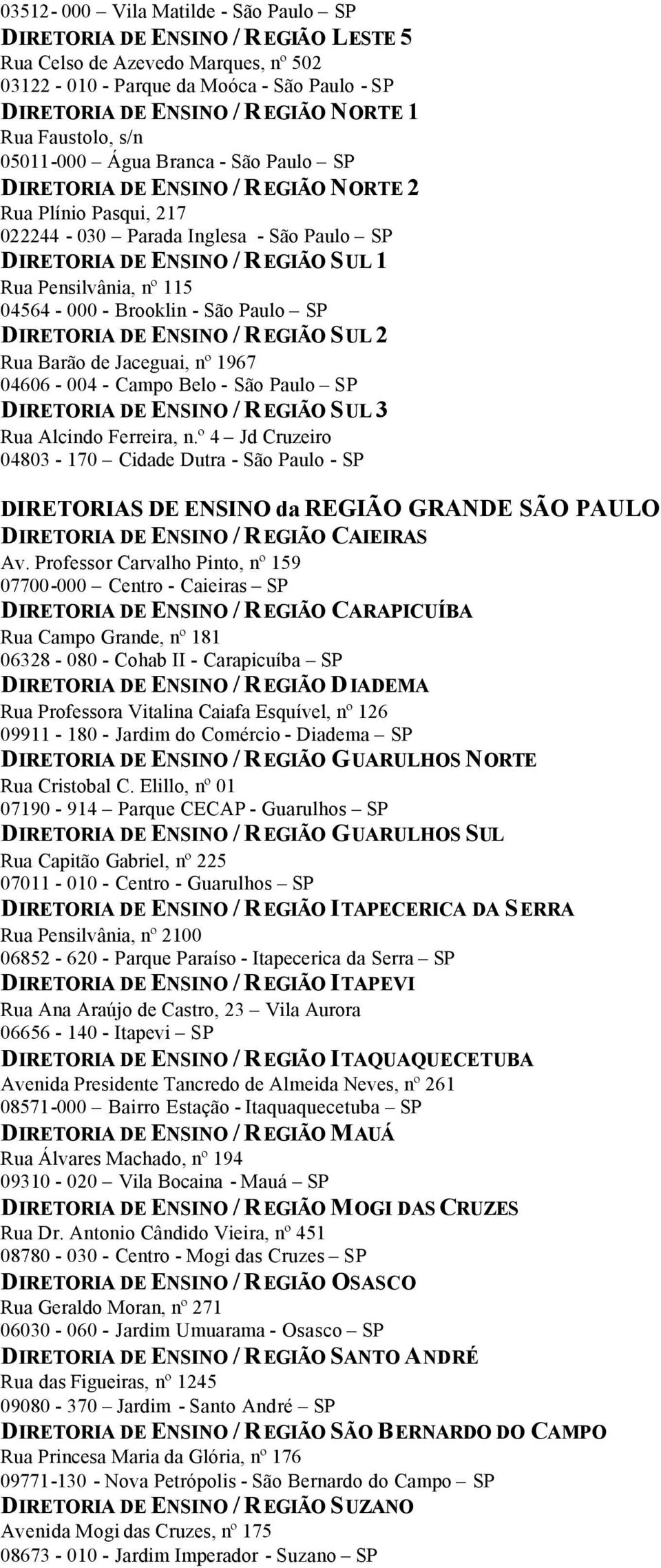 Pensilvânia, nº 115 04564-000 - Brooklin - São Paulo SP DIRETORIA DE ENSINO / REGIÃO SUL 2 Rua Barão de Jaceguai, nº 1967 04606-004 - Campo Belo - São Paulo SP DIRETORIA DE ENSINO / REGIÃO SUL 3 Rua