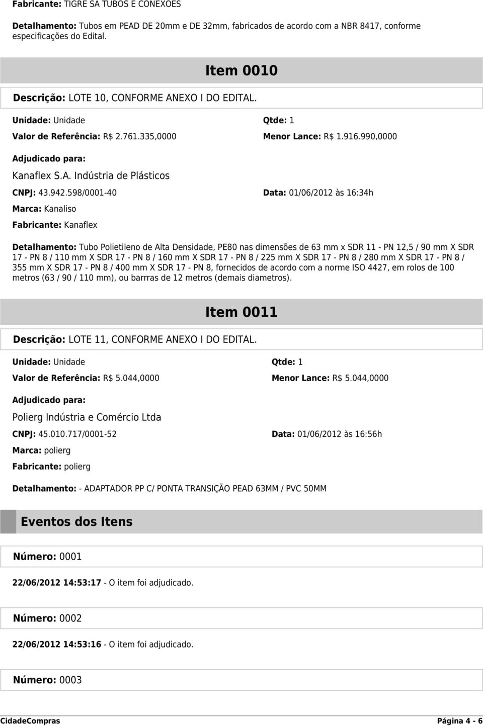 598/0001-40 Data: 01/06/2012 às 16:34h Marca: Kanaliso Fabricante: Kanaflex Detalhamento: Tubo Polietileno de Alta Densidade, PE80 nas dimensões de 63 mm x SDR 11 - PN 12,5 / 90 mm X SDR 17 - PN 8 /