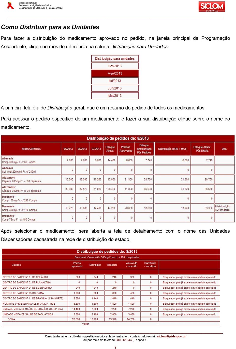 A primeira tela é a de Distribuição geral, que é um resumo do pedido de todos os medicamentos.