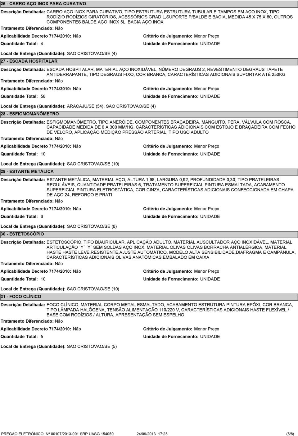 DEGRAUS, REVESTIMENTO DEGRAUS TAPETE ANTIDERRAPANTE, TIPO DEGRAUS FIXO, COR BRANCA, CARACTERÍSTICAS ADICIONAIS SUPORTAR ATÉ 0KG 8 Local de Entrega (Quantidade): ARACAJU/SE (4), SAO CRISTOVAO/SE (4) 8