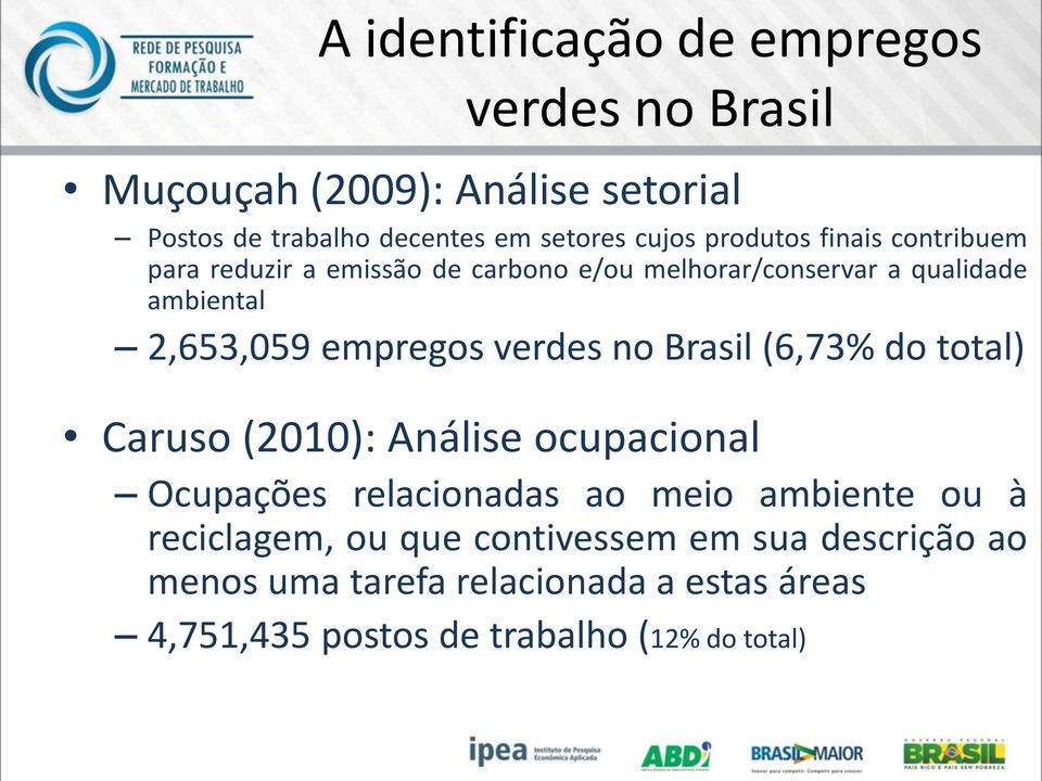 verdes no Brasil (6,73% do total) Caruso (2010): Análise ocupacional Ocupações relacionadas ao meio ambiente ou à reciclagem,