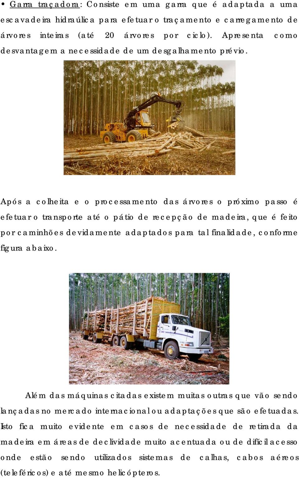 Após a colheita e o processamento das árvores o próximo passo é efetuar o transporte até o pátio de recepção de madeira, que é feito por caminhões devidamente adaptados para tal finalidade, conforme