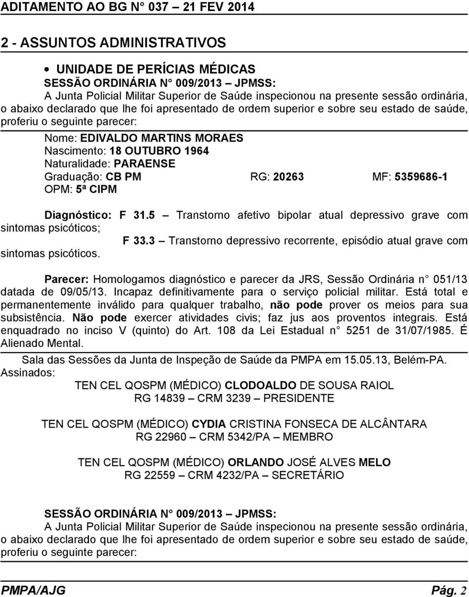 3 Transtorno depressivo recorrente, episódio atual grave com sintomas psicóticos.