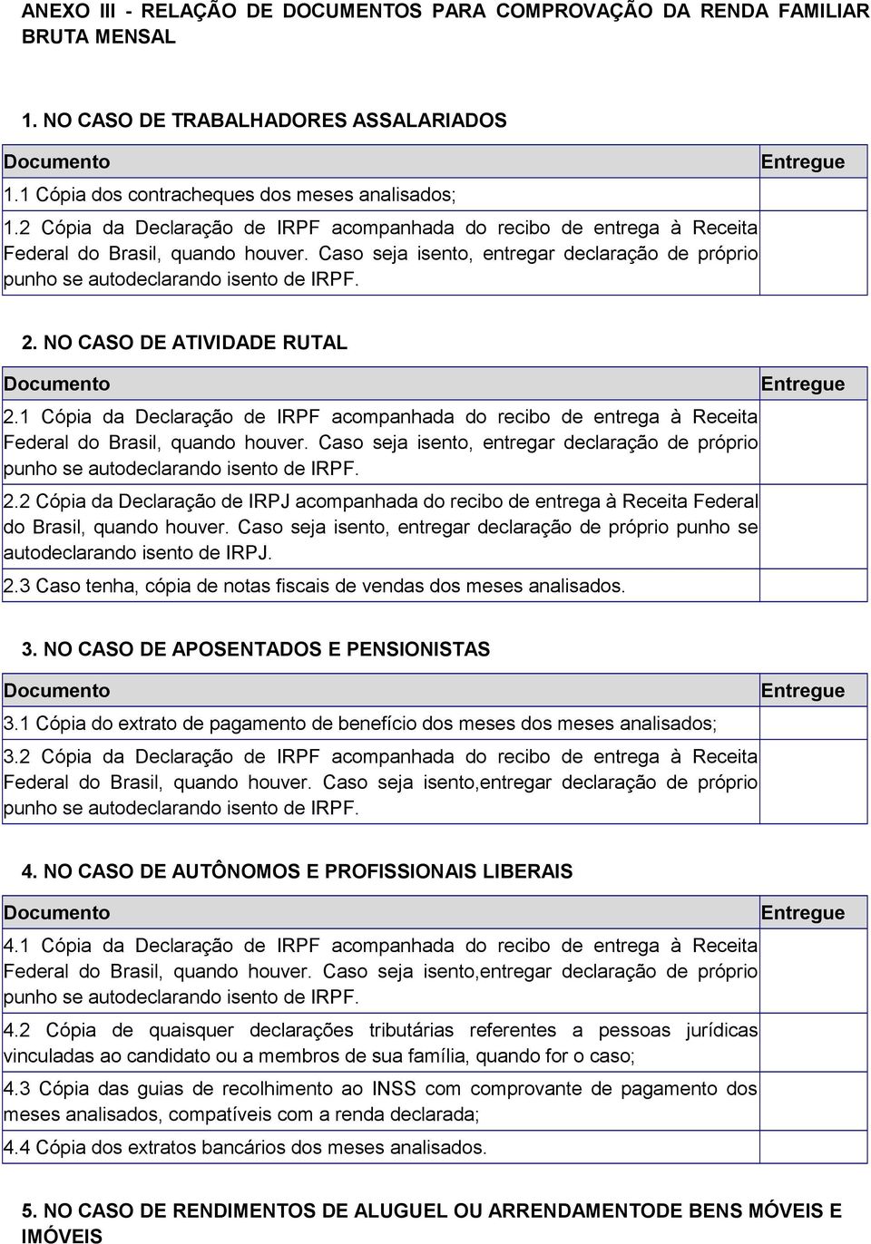 Entregue 2. NO CASO DE ATIVIDADE RUTAL Documento 2.1 Cópia da Declaração de IRPF acompanhada do recibo de entrega à Receita Federal do Brasil, quando houver.