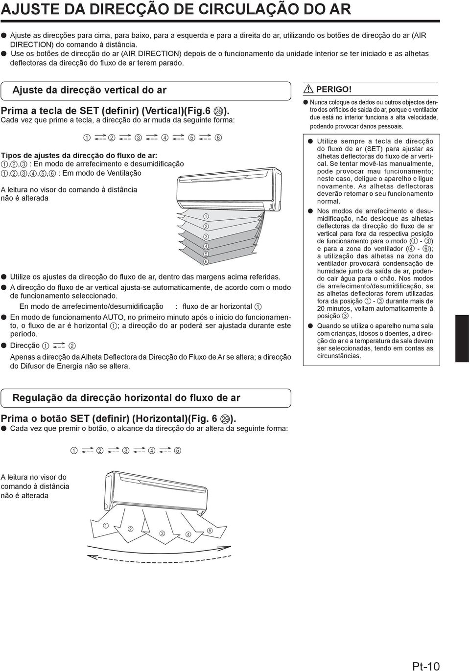 Ajuste da direcção vertical do ar Prima a tecla de SET (definir) (Vertical)(Fig.6 R).