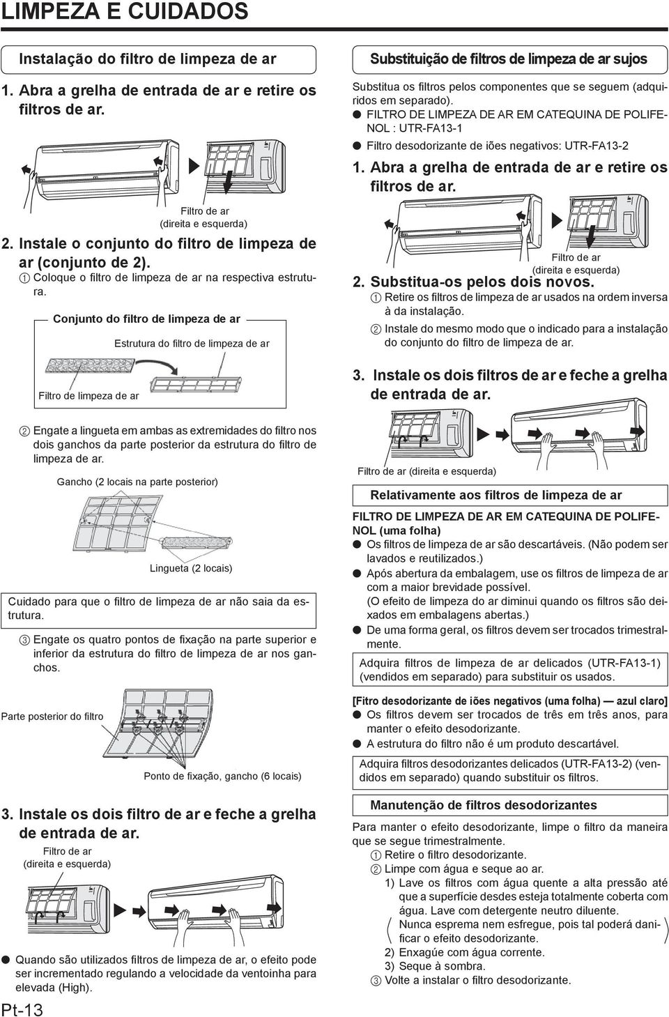 Conjunto do filtro de limpeza de ar Filtro de limpeza de ar Filtro de ar (direita e esquerda) Estrutura do filtro de limpeza de ar Substituição de filtros de limpeza de ar sujos Substitua os fi ltros