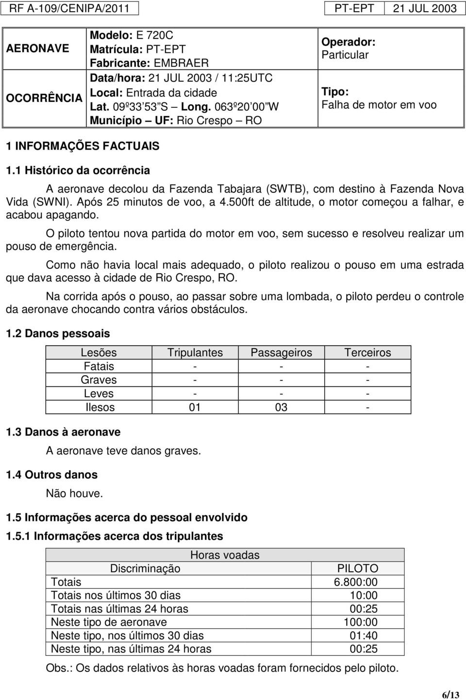 1 Histórico da ocorrência A aeronave decolou da Fazenda Tabajara (SWTB), com destino à Fazenda Nova Vida (SWNI). Após 25 minutos de voo, a 4.