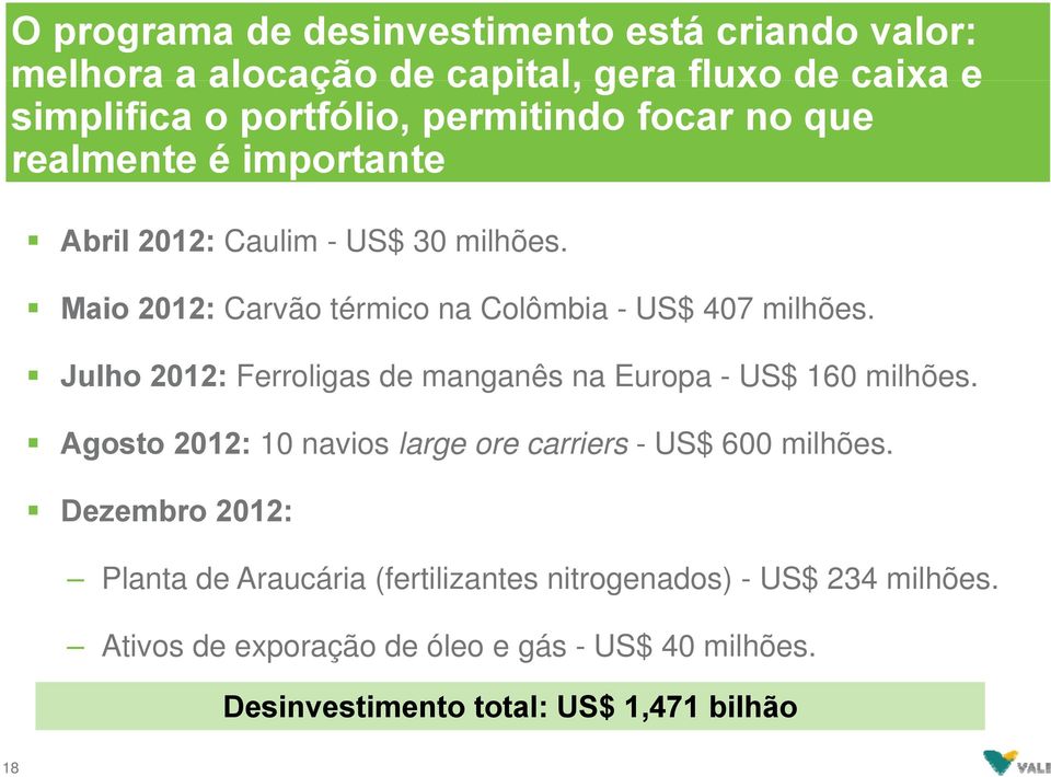 Julho 2012: Ferroligas de manganês na Europa -US$ 160 milhões. Agosto 2012: 10 navios large ore carriers - US$ 600 milhões.