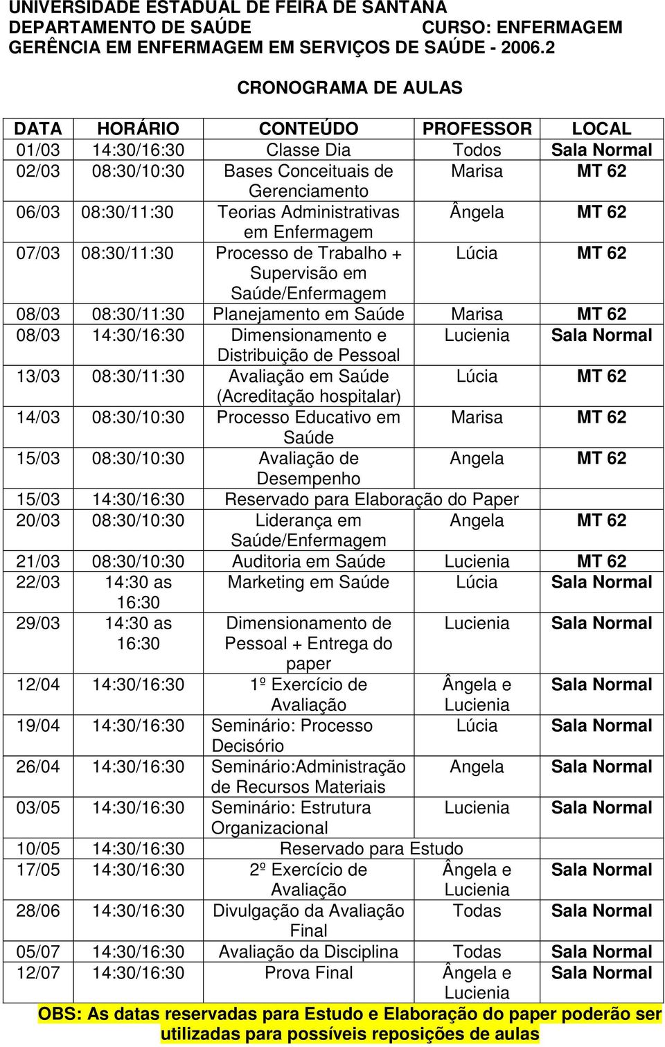 Administrativas Ângela MT 62 em Enfermagem 07/03 08:30/11:30 Processo de Trabalho + Lúcia MT 62 Supervisão em Saúde/Enfermagem 08/03 08:30/11:30 Planejamento em Saúde Marisa MT 62 08/03 14:30/16:30