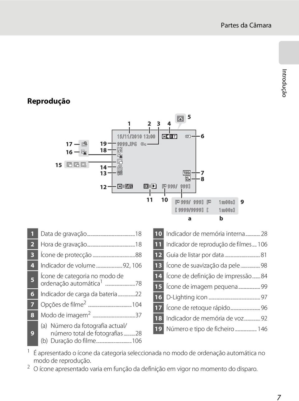..88 4 Indicador de volume...92, 106 Ícone de categoria no modo de 5 ordenação automática 1...78 6 Indicador de carga da bateria...22 7 Opções de filme 2...104 8 Modo de imagem 2.