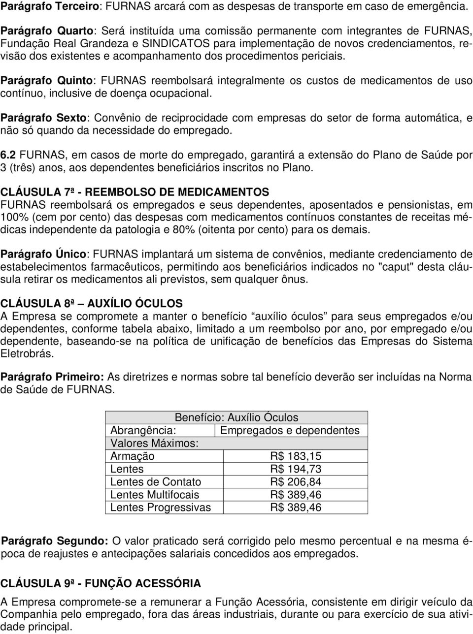 acompanhamento dos procedimentos periciais. Parágrafo Quinto: FURNAS reembolsará integralmente os custos de medicamentos de uso contínuo, inclusive de doença ocupacional.