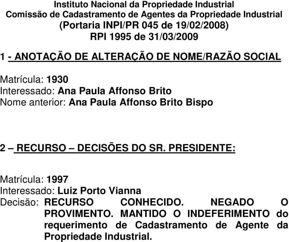 Nome anterior: Ana Paula Affonso Brito Bispo 2 RECURSO DECISÕES DO SR.