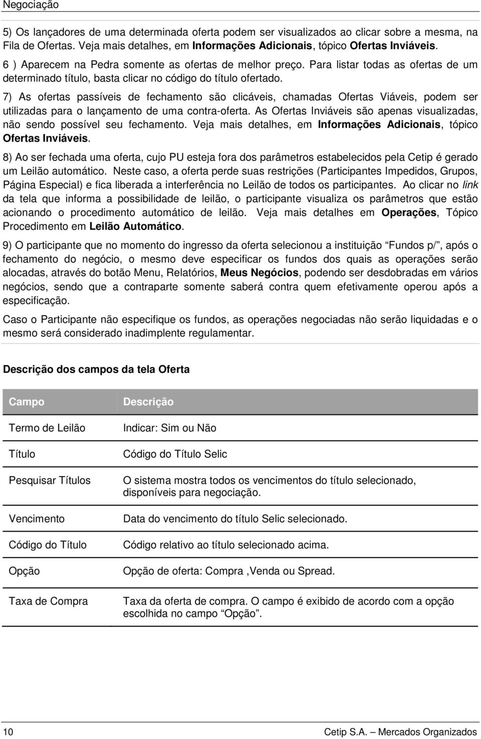 7) As ofertas passíveis de fechamento são clicáveis, chamadas Ofertas Viáveis, podem ser utilizadas para o lançamento de uma contra-oferta.