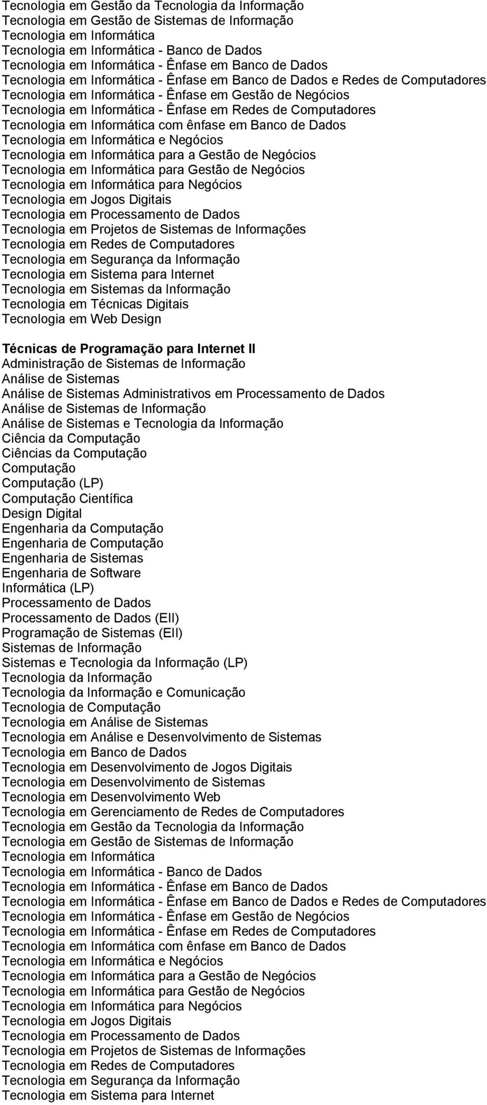 Tecnologia em Técnicas Digitais Técnicas de Programação para Internet II Administrativos em de Informação e Tecnologia da Informação (LP) Design Digital Engenharia da Engenharia de Engenharia de