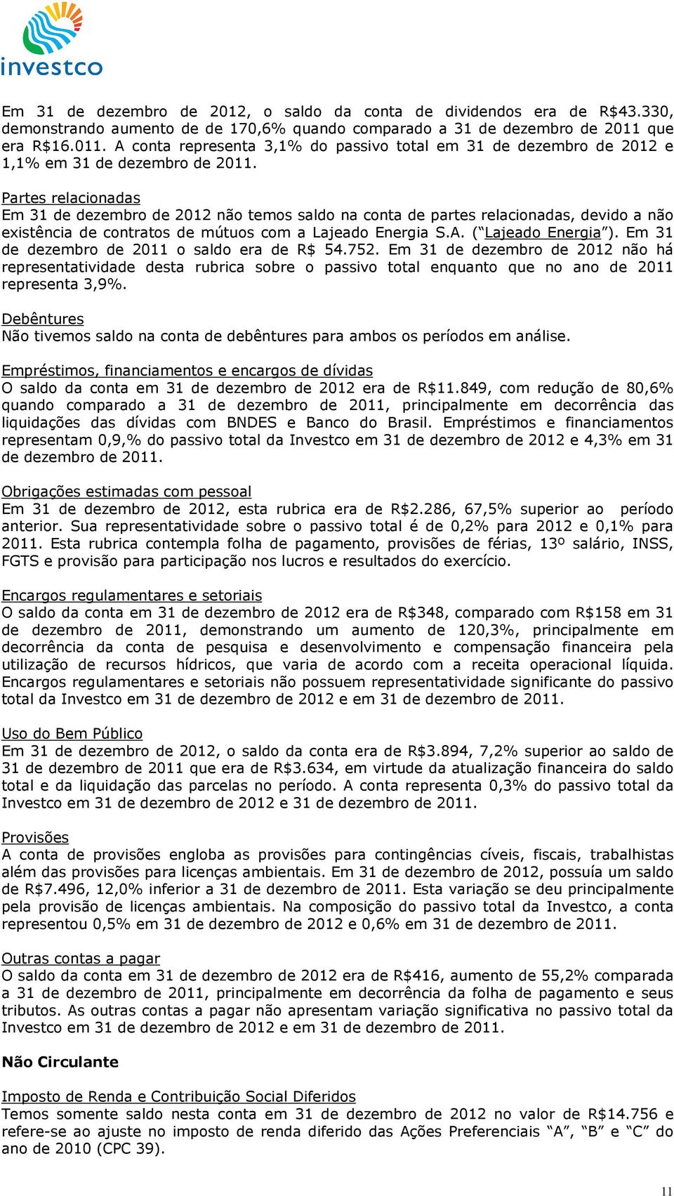 Partes relacionadas Em 31 de dezembro de 2012 não temos saldo na conta de partes relacionadas, devido a não existência de contratos de mútuos com a Lajeado Energia S.A. ( Lajeado Energia ).