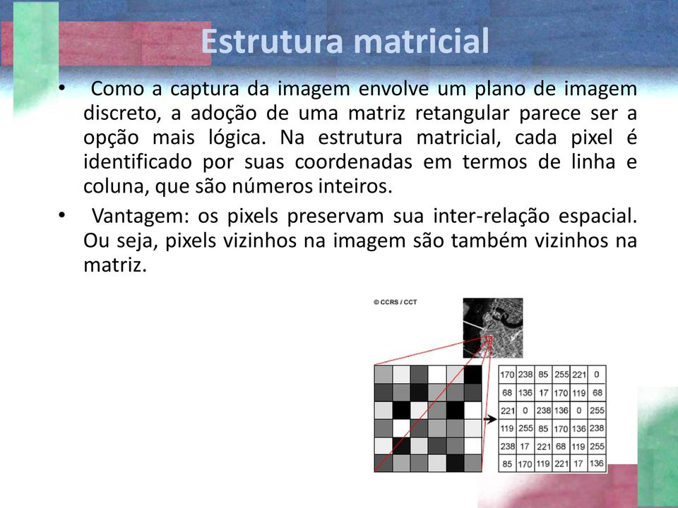 Na estrutura matricial, cada pixel é identificado por suas coordenadas em termos de linha e coluna,