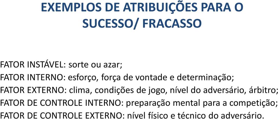 condições de jogo, nível do adversário, árbitro; FATOR DE CONTROLE INTERNO: