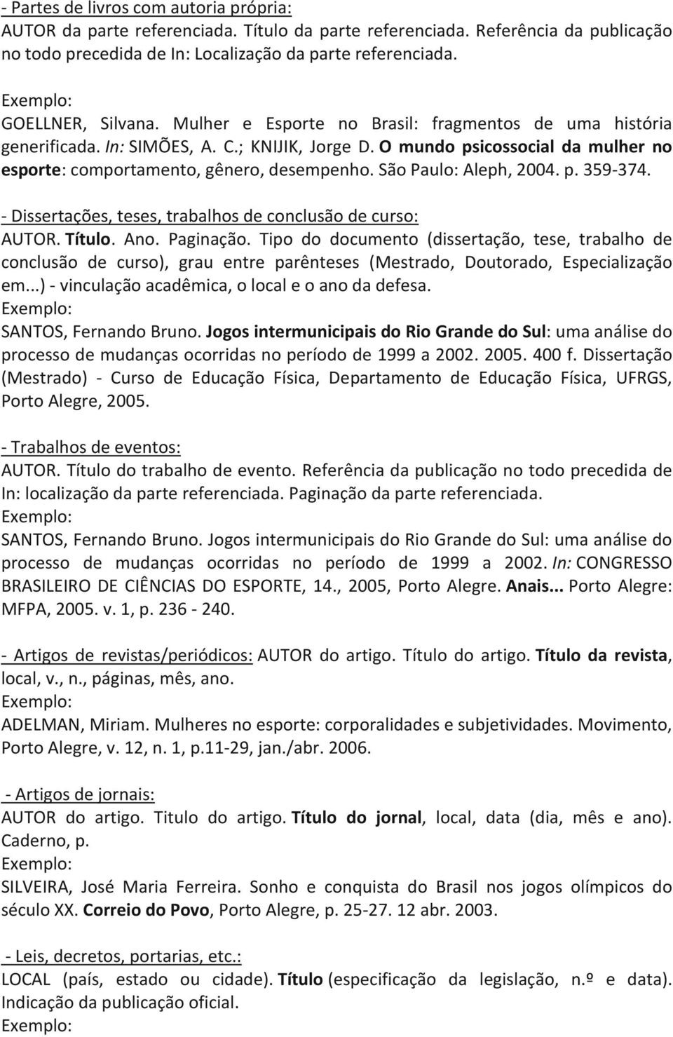 O mundo psicossocial da mulher no esporte: comportamento, gênero, desempenho. São Paulo: Aleph, 2004. p. 359-374. - Dissertações, teses, trabalhos de conclusão de curso: AUTOR. Título. Ano. Paginação.