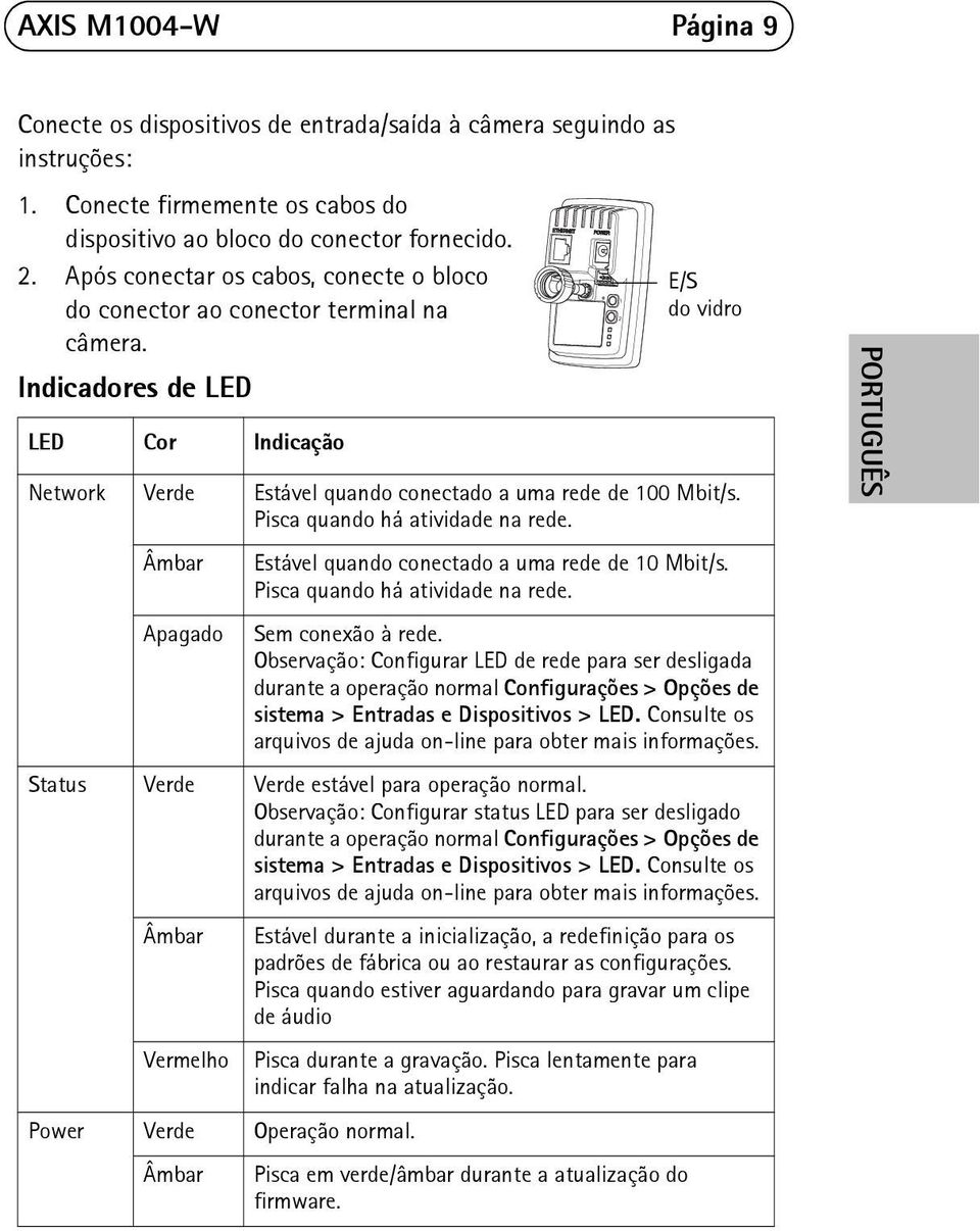 Pisca quando há atividade na rede. Âmbar Estável quando conectado a uma rede de 10 Mbit/s. Pisca quando há atividade na rede. Apagado Sem conexão à rede.