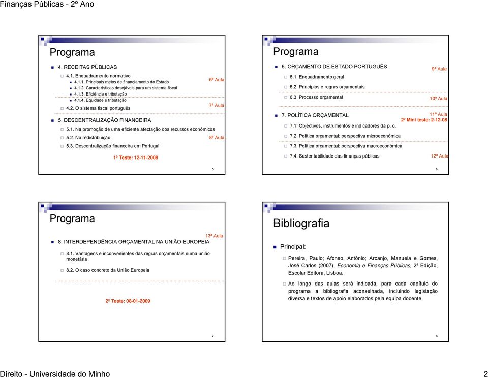Descentralização financeira em Portugal 6ª Aula 7ª Aula 8ª Aula 6. ORÇAMENTO DE ESTADO PORTUGUÊS 6.1. Enquadramento geral 6.2. Princípios e regras orçamentais 6.3. Processo orçamental 7.