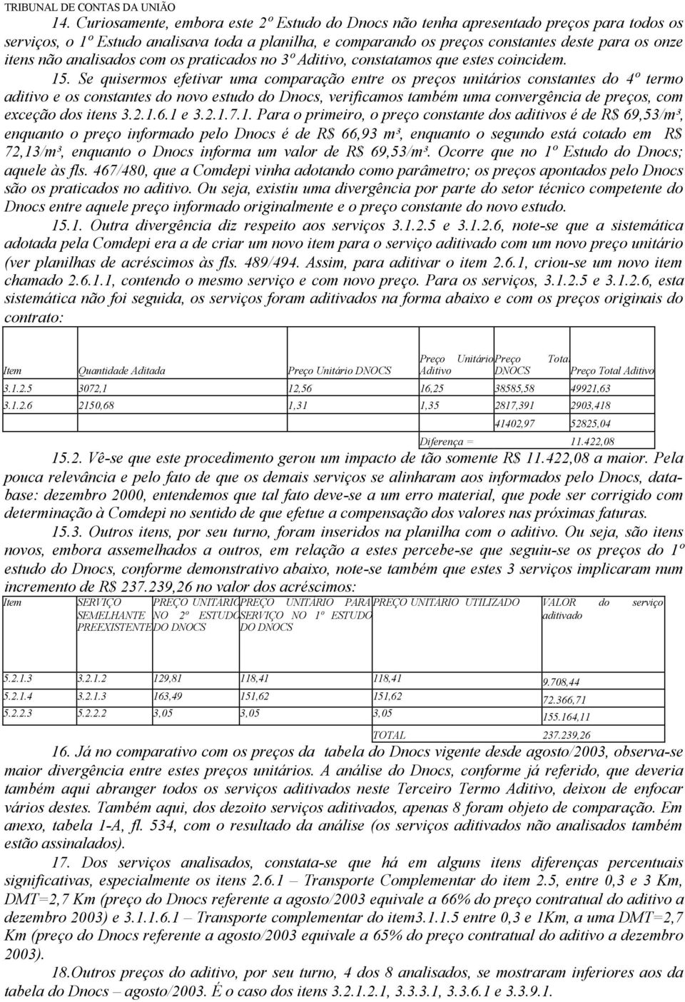 Se quisermos efetivar uma comparação entre os preços unitários constantes do 4º termo aditivo e os constantes do novo estudo do Dnocs, verificamos também uma convergência de preços, com exceção dos