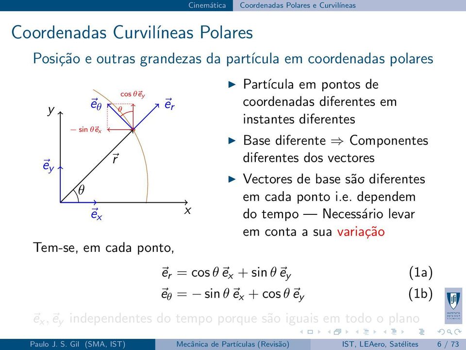 Vectores de base são diferentes em cada ponto i.e. dependem do tempo Necessário levar em conta a sua variação e r = cos θ e x + sin θ e y e θ = sin θ e x + cos θ e y