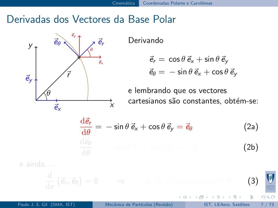 obtém-se: d e r dθ = sin θ e x + cos θ e y = e θ (2a) d e θ dθ = cos θ e x sin θ e y = e r (2b) e ainda.