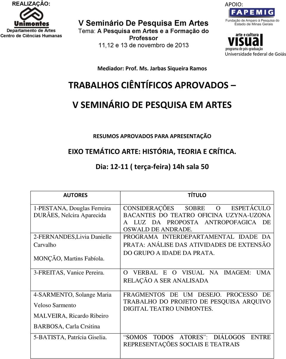 4-SARMENTO, Solange Maria Veloso Sarmento MALVEIRA, Ricardo Ribeiro BARBOSA, Carla Crsitina 5-BATISTA, Patrícia Giselia.