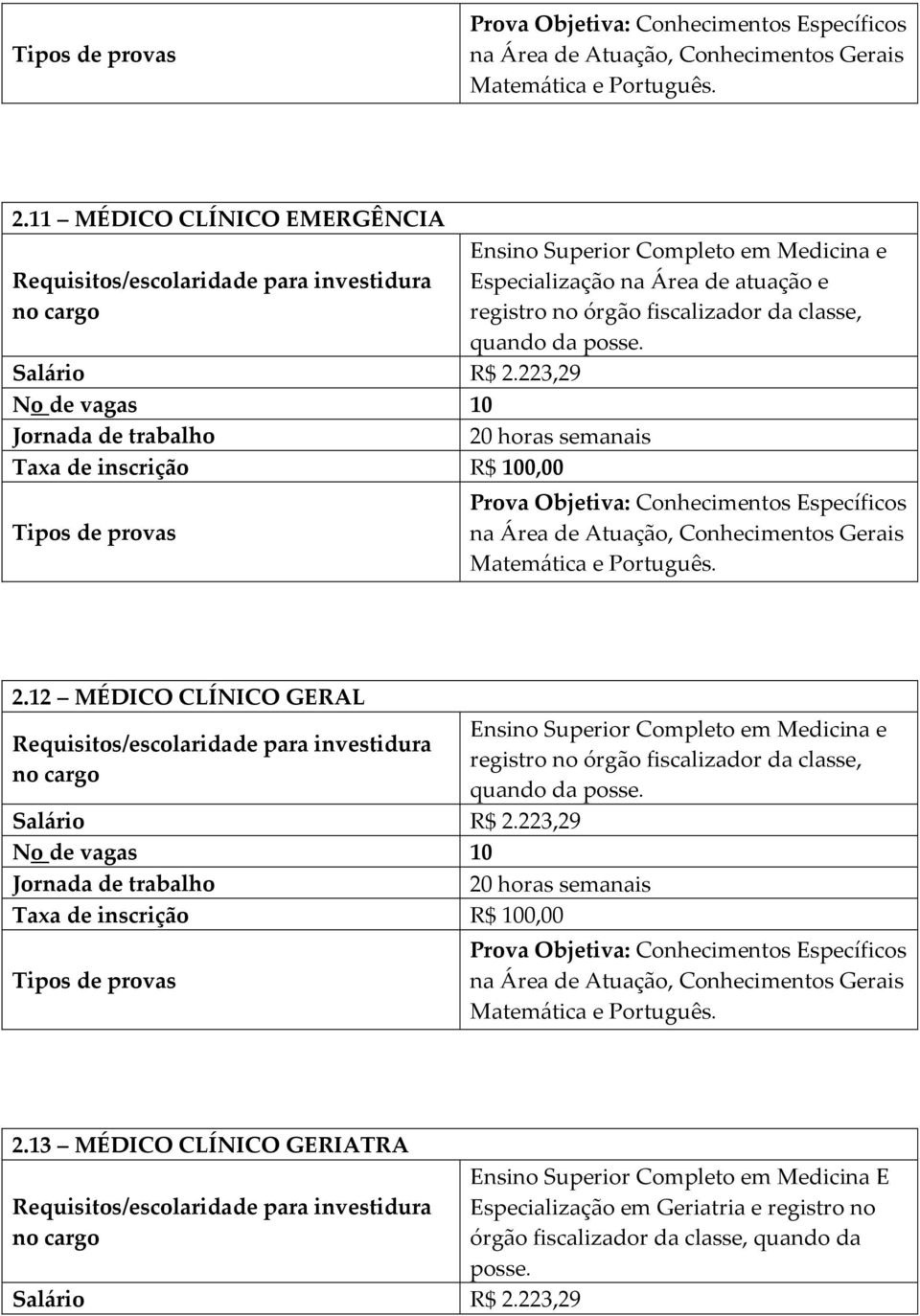 12 MÉDICO CLÍNICO GERAL No de vagas 10 Ensino Superior Completo em Medicina e registro no