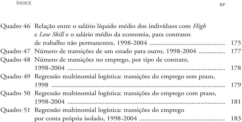 .. 177 Quadro 48 Número de transições no emprego, por tipo de contrato, 1998-2004.
