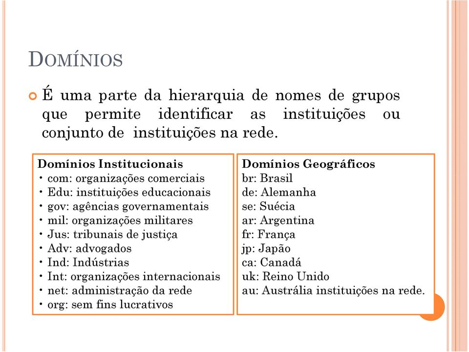 Jus: tribunais de justiça Adv: advogados Ind: Indústrias Int: organizações internacionais net: administração da rede org: sem fins lucrativos